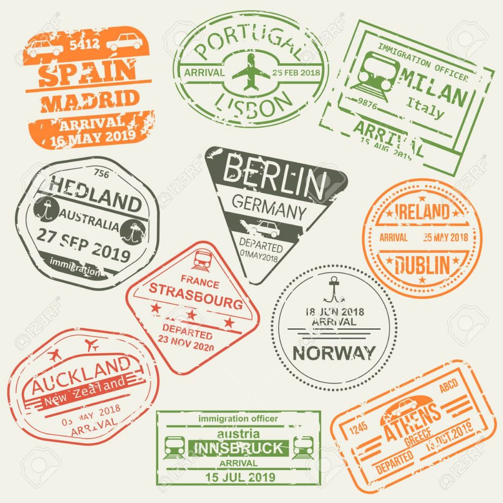 Conjunto de sellos de pasaporte de visado aislados.